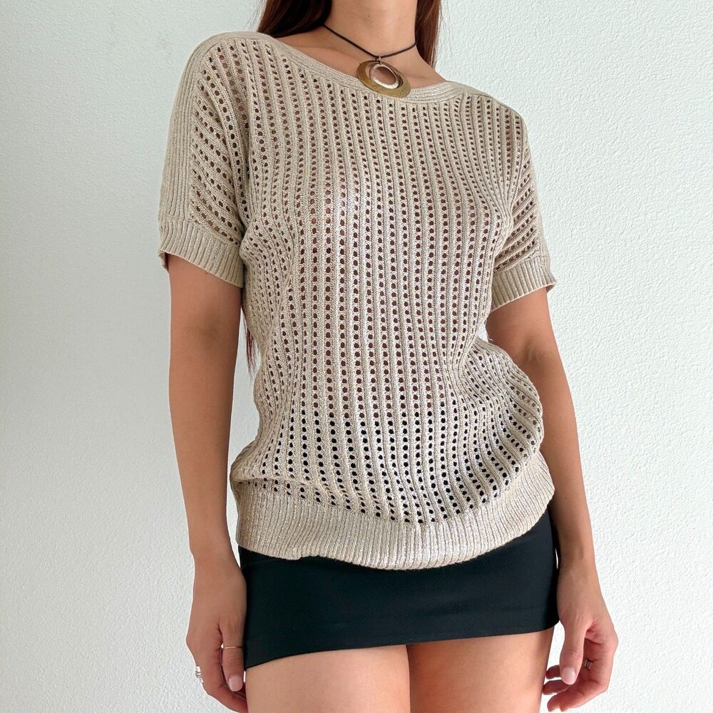 Unbranded Slouchy Metallic Tan Knit Sweatshirt Boho Lagenlook Minimal One Size